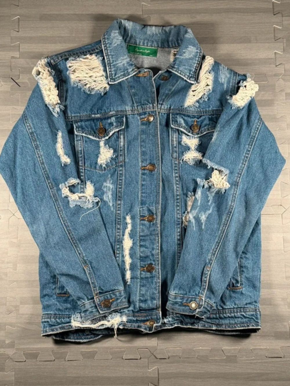 100% cotton distressed denim jacket medium wash shredded M/L
